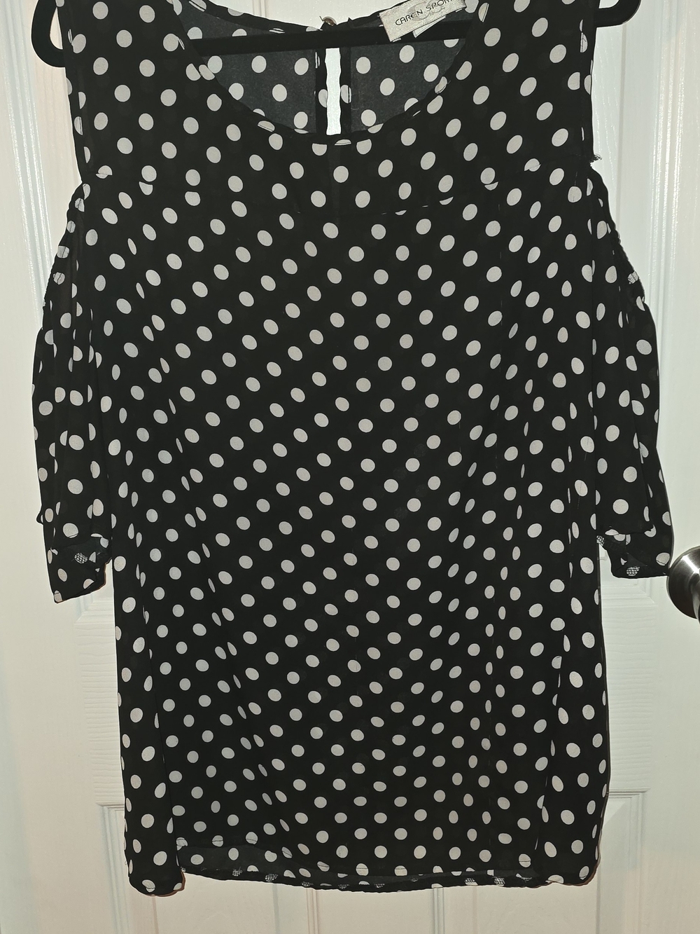 Caren Sport Black and White Polka Dot Cold-Shoulder Blouse